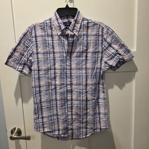 RALPH LAUREN Slim Fit Seersucker Plaid Button Down Shirt Blue/Pink/White Mens M